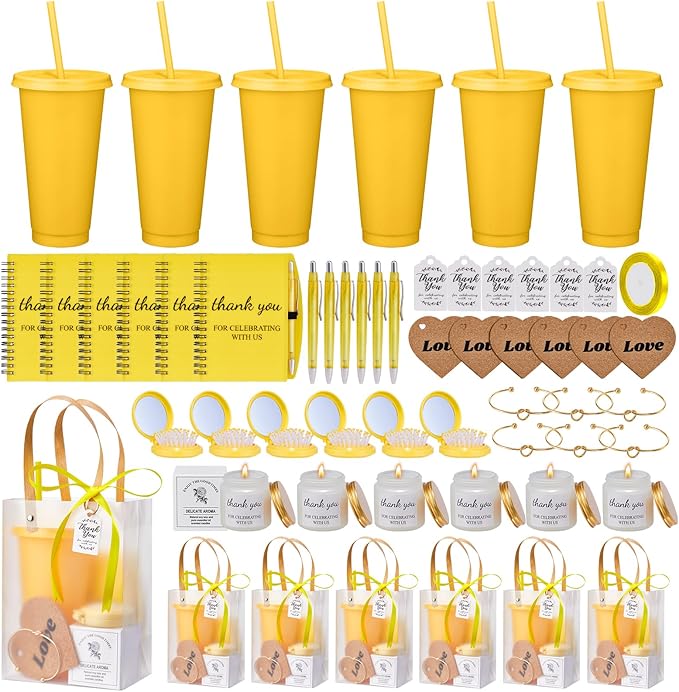 56Pcs Baby Shower Prizes for Game Winners Baby Shower Favors Gifts including Plastic Tumbler Notebook Scented Candles Ballpoint Pen Mirrors with Hair Brushes Bracelet Gift Bag (Yellow)