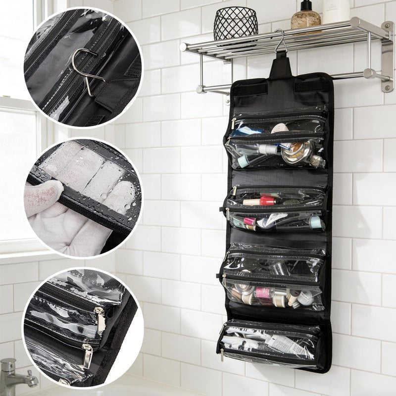 ROYALFAIR Roll Up Makeup Bag, Travel Toiletry Bag for Women with 4 Clear TSA Approved Pouches, Hanging Travel Organizer, Folding Cosmetic Bag for Men and Women (Black)