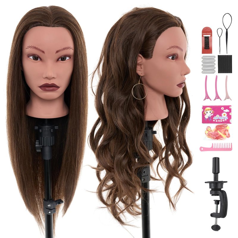 20" Mannequin Head Human Hair,100% Real Hair Mannequin Head,Cosmetology Human Hair Mannequin Doll Head for Hair Styling,Practice Braiding Styling Head with Table Clamp Suitable for Hair Extensions