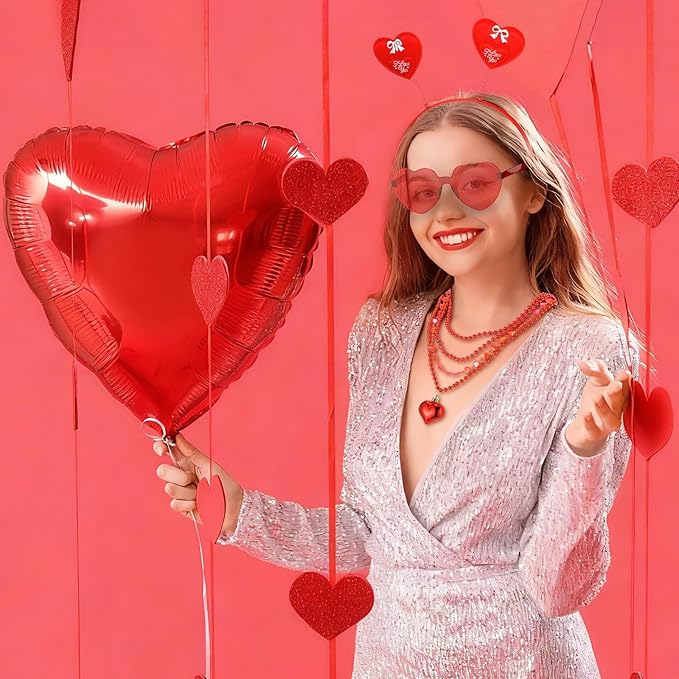 Kanayu 36 Pcs Valentine's Day Accessories Set Include 12 Heart Headbands 12 Glasses and 12 Heart Beaded Necklace for Valentine Props Party Costume Supplies Accessory(Red)