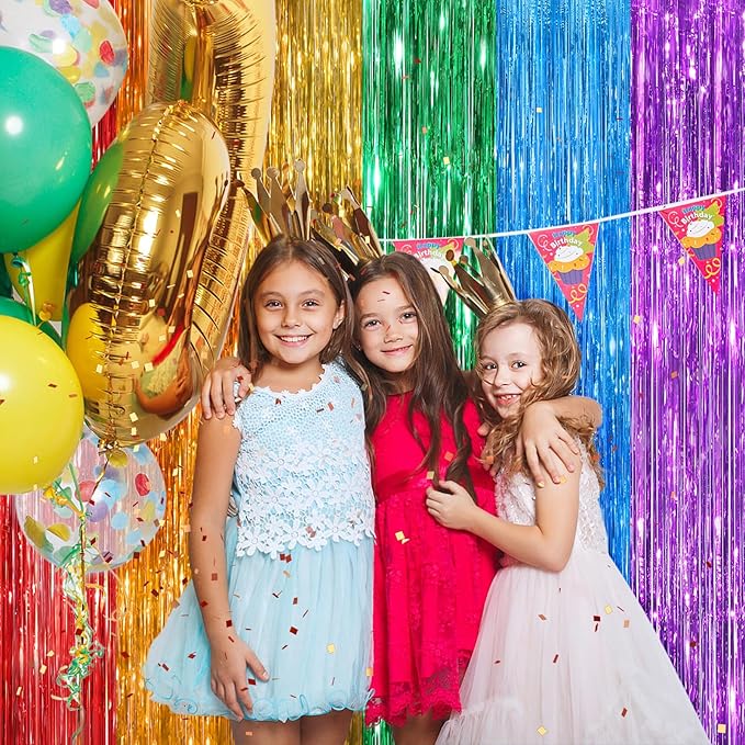 Rainbow Metallic Tinsel Foil Fringe Curtains, 2 Pack 3.3x8.3 Feet Party Streamer for Birthday Party Decorations, Halloween Decor, Foil Curtain for Christmas Party