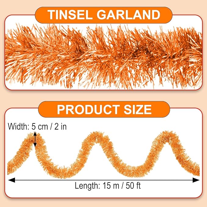 50 Feet Macaron Orange Christmas Tinsel Garland, Metallic Foil Twist Garland Wall Hanging Tinsel Banner Backdrop for Parade Floats, Easter, Mother's Day, Wedding Party Decorations (2in x 50ft)