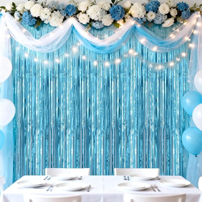 jijAcraft 3 Pack Light Blue Tinsel Foil Fringe Curtain, Party Photo Backdrop, Blue Background for Baby Shower Boy Birthday Ocean Themed Winter Wonderland Wedding Engagement New Year Decorations