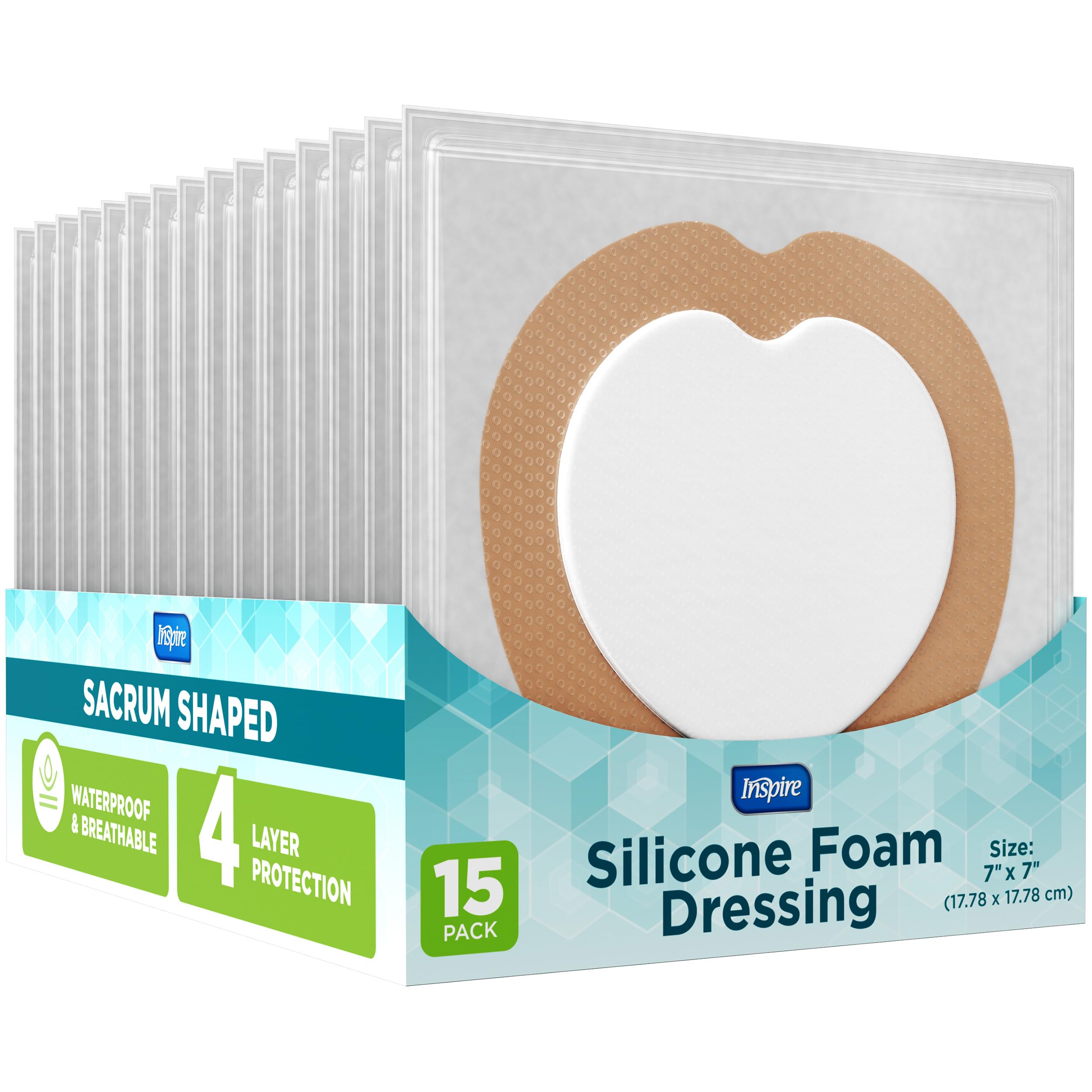 Inspire Sacral Silicone Foam Dressing Large Waterproof Bandages for Wounds, Burns & Bed Sores Safe for Sensitive Skin, Adhesive Pad Sacrum Dressings for Post-Surgery Wound Care (7 x 7 in) (15 Pack)