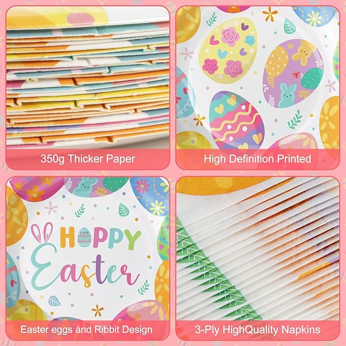 96 Pcs Happy Easter Plates and Napkins Forks Sets - Colorful Eggs Themed Round Tableware, Disposable Spring Flowers Paper Plates Napkins Set for Easter Party Supplies Favors Table Decor, Serves 24