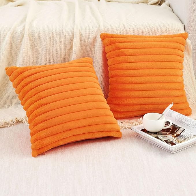 Pallene Faux Fur Plush Fall Throw Pillow Covers 24x24 Set of 2, Luxury Soft Fluffy Striped Decorative Pillow Covers for Sofa, Couch, Living Room, Burnt Orange