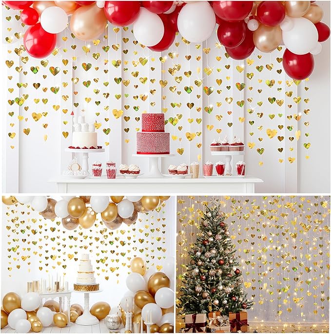 10 Pack 130ft Champagne-Gold Holographic Heart Party Garland Asymmetrical Love Hanging Banners for Birthday Wedding Engagement Bachelorette Neutral Baby Bridal Shower Decorations