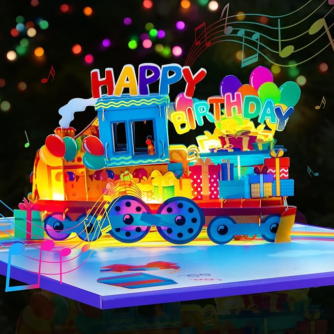 GREETING ART Musical Train Birthday Card, 3D Pop Up Birthday Cards, Light & Music Happy Birthday Card for Kids, Women, Man, Mom, Wife, Husband, Boy, Girl