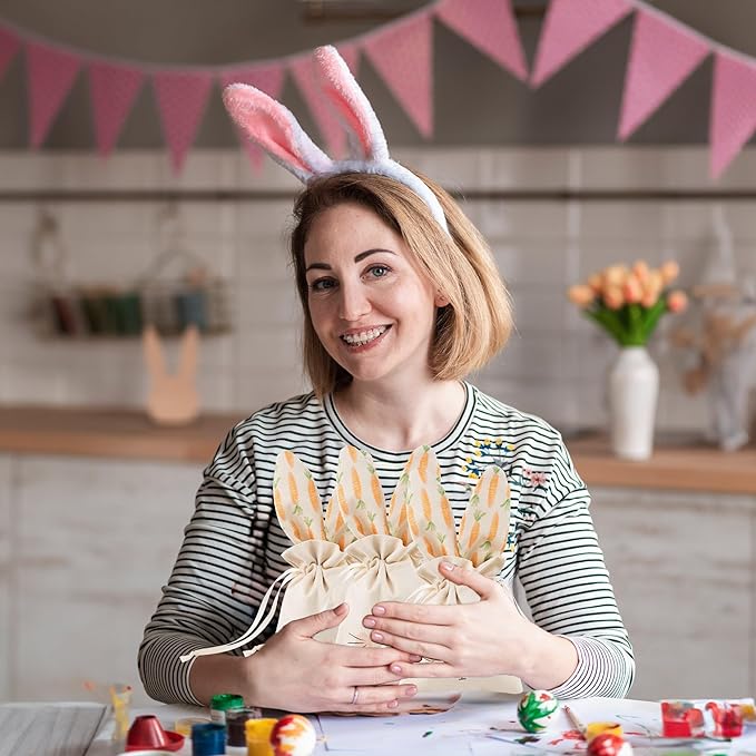 Cheerland Bunny Birthday Decoration Party Gift Bags Easter Treat Bags Bunny Favor Bag Reusable Burlap Goodie Rabbit Drawstring for Somebunny is One Kids Baby Shower Garden Tea Party Supplies Pack of 6