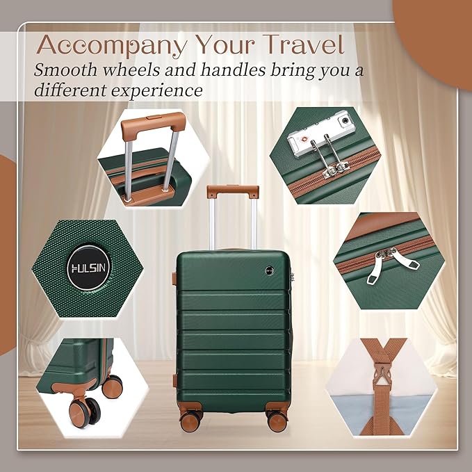 Hulsin Luggage Sets Clearance 3 Piece Hardside Suitcase with Wheels, 20/24/28 inch Rolling Luggage Set for Women, Hard Shell Travel Suitcases with TSA Lock(Green, 3PCS Set)
