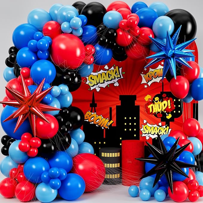 ALL-IN-1 Spider Balloon Arch Kit with BONUS Starburst for Spidy Birthday Decorations - Red Blue Spider Balloons for Spidy Man Party Decorations - Miles Birthday Decoration, Spidey Balloons