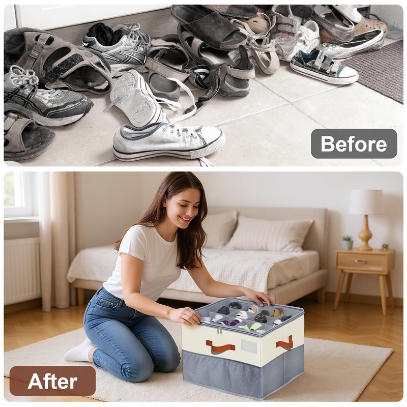 KETYWHA Shoe Organizer for Closet, XXL 1 Pack Foldable Shoe Storage Containers with Clear Cover, Shoe Box Organizers Bins with Adjustable Dividers 4Handles,Shoe Storage Fits 12-24 Pairs-Beige & Grey