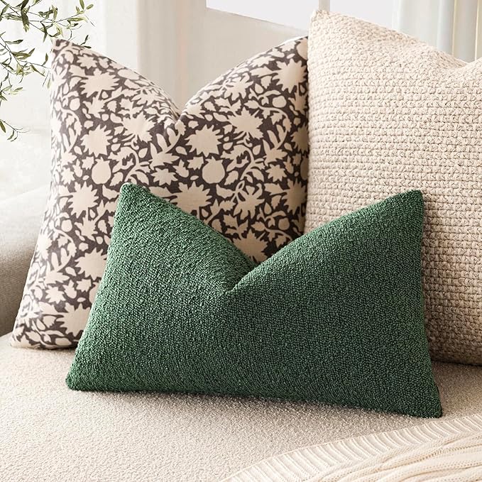 Foindtower Pack of 2 Textured Boucle Throw Pillow Covers Accent Solid Decorative Lumbar Pillow Cases Soft Couch Cushion Case for Chair Sofa Bedroom Living Room Home Decor 12x20 Inch Pine Green