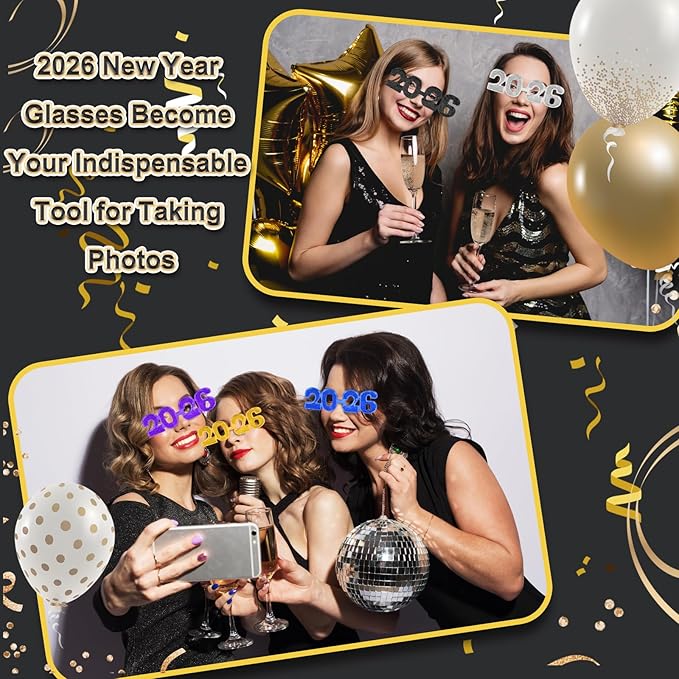 2026 Plastic Glasses Happy New Year Glitter Eyeglasses for 2026 Party New Year Eve Costume Photo Prop Supplies
