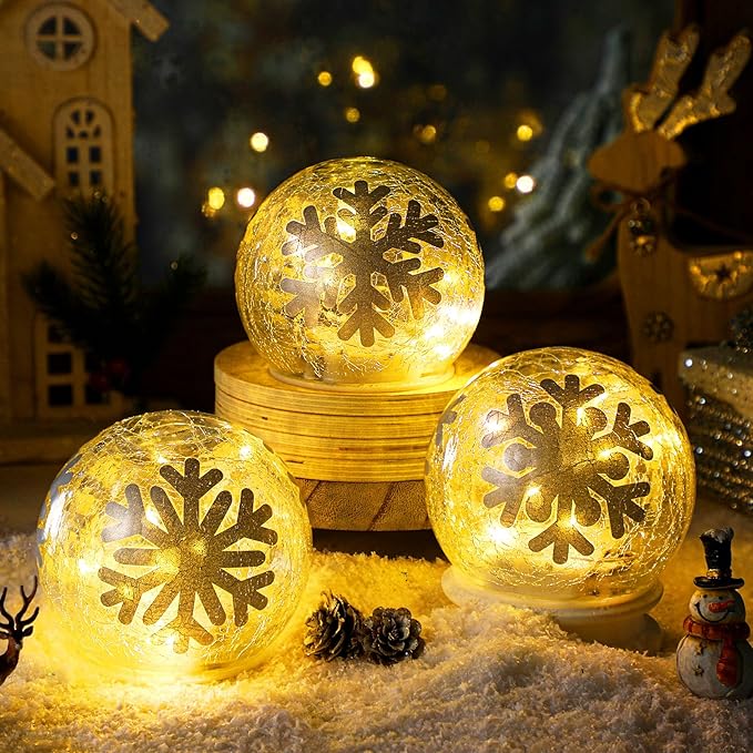 3 Pcs Winter Decorations Indoor 4 Crackle Snowflakes Glass Globe Ball Lamp Night Lights with LED Timer Battery Operated Lighted Decorative Tabletop Decor for Table Home Centerpiece Party Gift