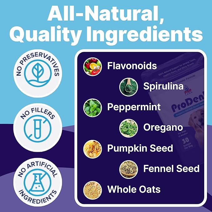 Pup Labs ProDenta Dog Dental Powder – All-Natural Tartar & Plaque Remover, Breath Freshener, Spirulina & Peppermint, Made in USA, 30 Servings