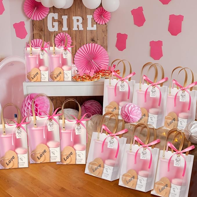 56Pcs Baby Shower Prizes for Game Winners Baby Shower Favors Gifts including Plastic Tumbler Notebook Scented Candles Ballpoint Pen Mirrors with Hair Brushes Bracelet Gift Bag (Pink)