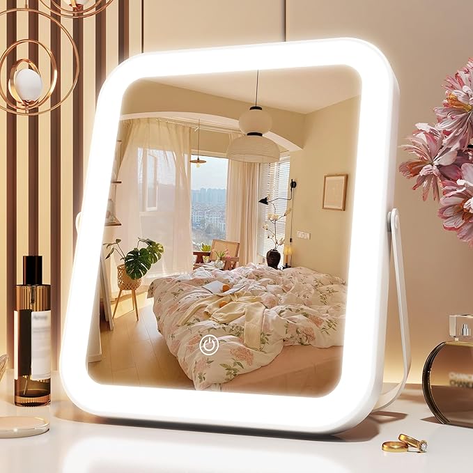 10"x8" Portable Lighted Makeup Mirror with 3-Color Dimmable LED, Touch Screen Vanity Mirror for Travel or Bedroom Desk (White)