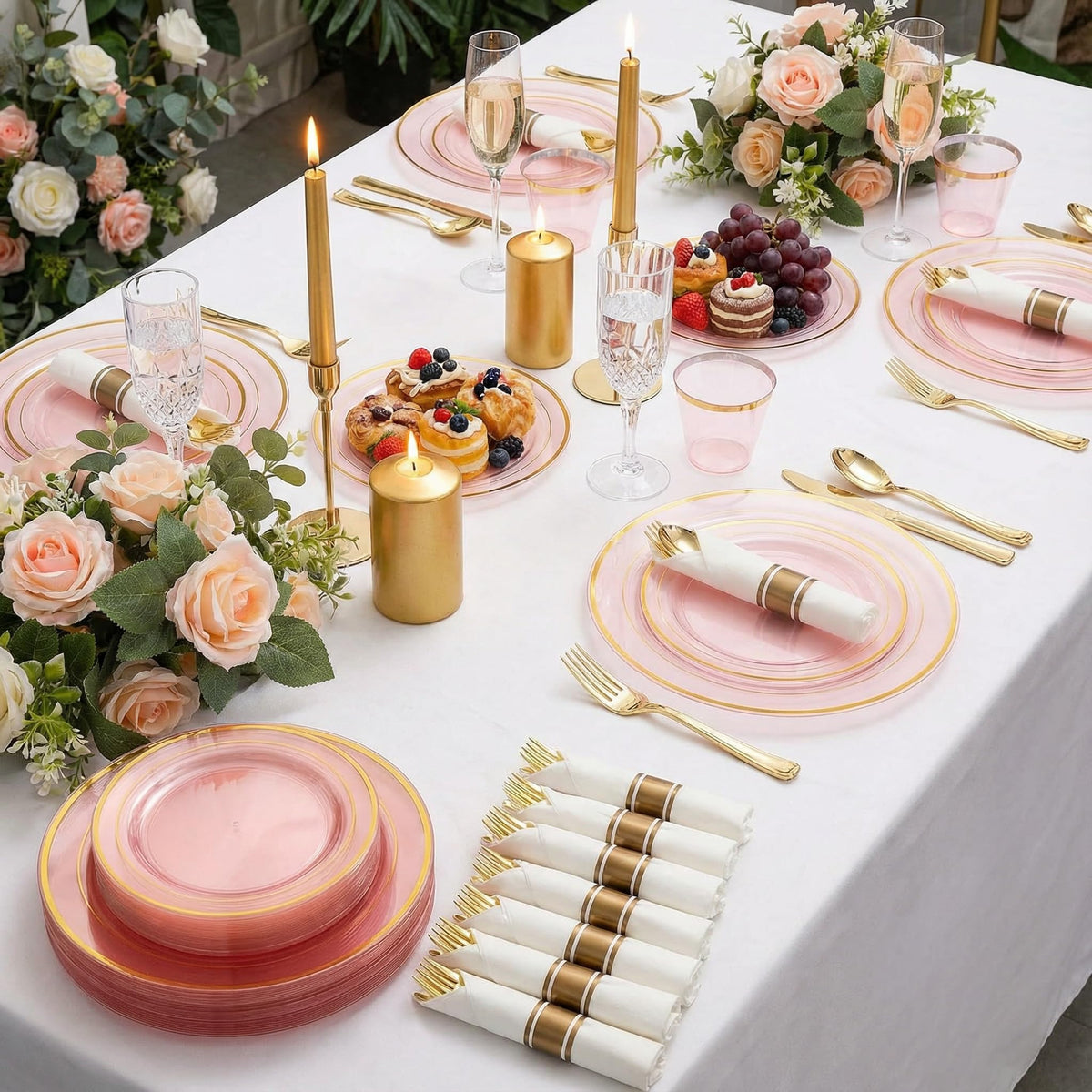 WELLIFE 210Pcs Clear-Pink Plastic Dinnerware- Pink and Gold Plastic Dinnerware include 30 Dinner Plates, 30 Dessert Plates, 90 Gold Silverware, 30 Cups and 30 Napkins Perfect for Parties