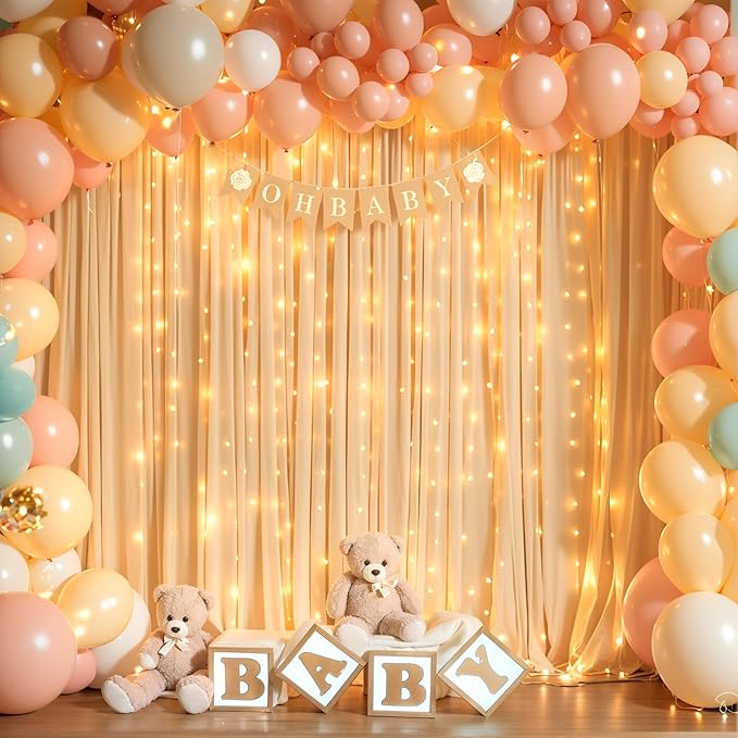 10 x 10ft Dark Champagne Backdrop Curtains with Lights String for Wedding Polyester Photo Backdrop Drapes Wrinkle Free Long Curtains Back Drop for Birthday Parties Reception Baby Shower Ceremony Event