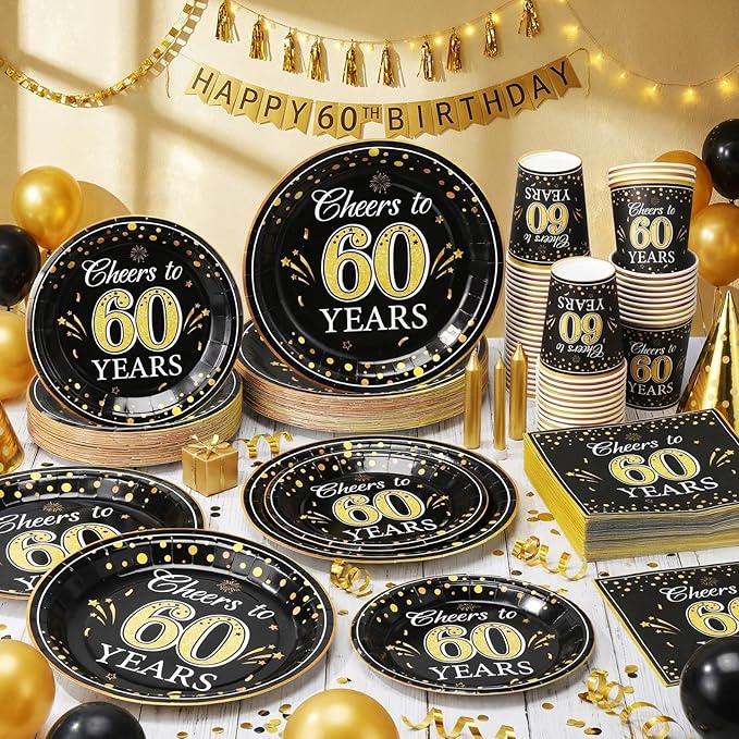 Pickmesh 250 Pcs 60th Birthday Party Supplies Decorations Serve 50 Black Gold Cheers to 60 Years Disposable Paper Plates Napkins and Cups for Women Men 50th Birthday Wedding Anniversary Party Supplies