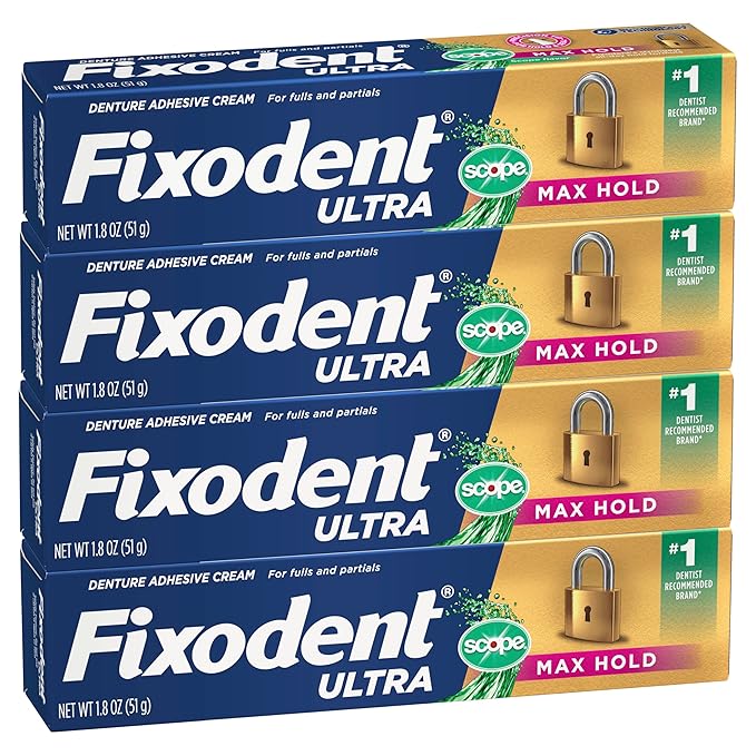 Fixodent Ultra Max Hold Plus Scope Denture Adhesive – Fresh Breath, Precision Tip, Full & Partial Dentures, 1.8oz, 4-Pack