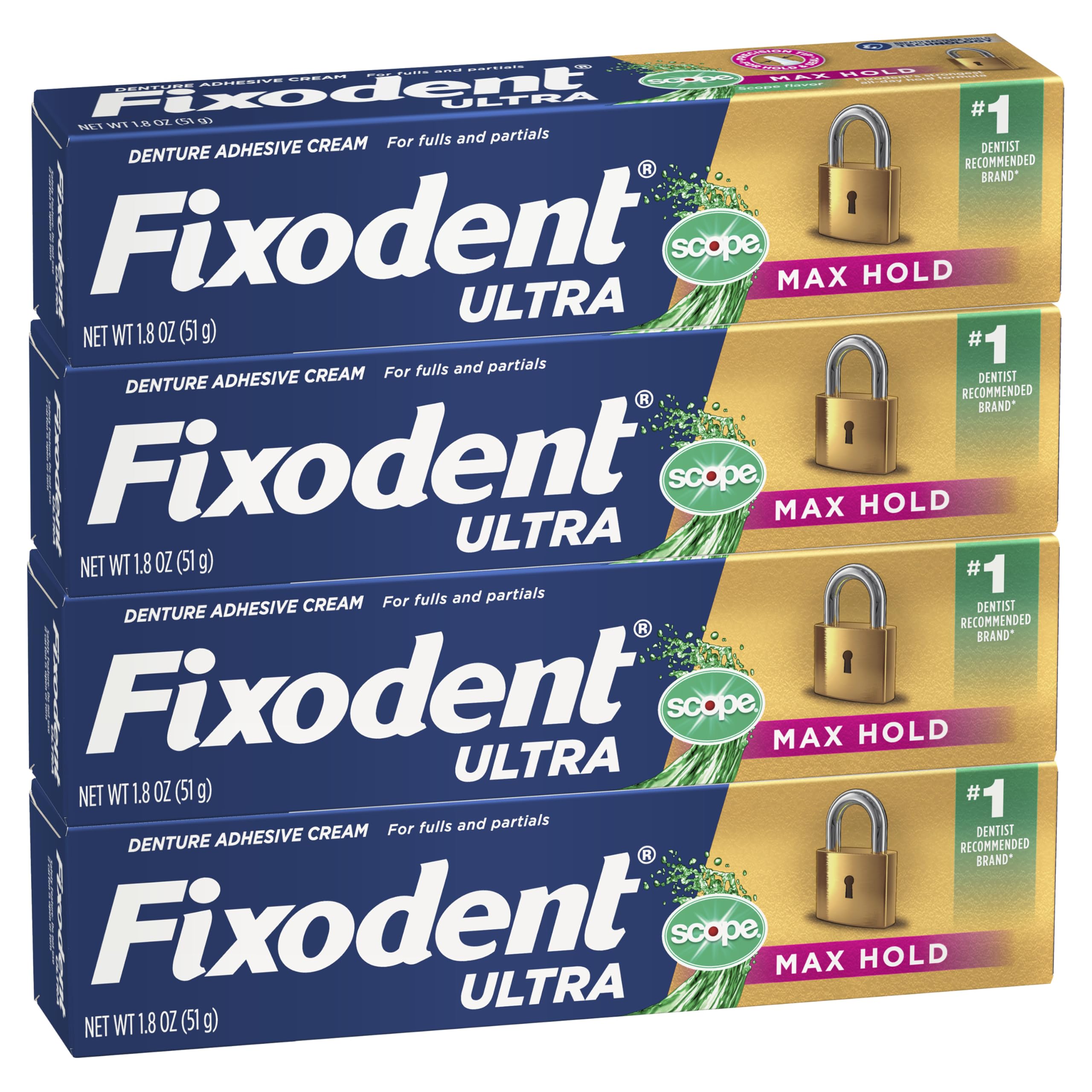 Ultra Max Hold Plus Scope Secure Denture Adhesive for Full and Partial Denture Wearers, Blue, 1.8oz 4 Pack