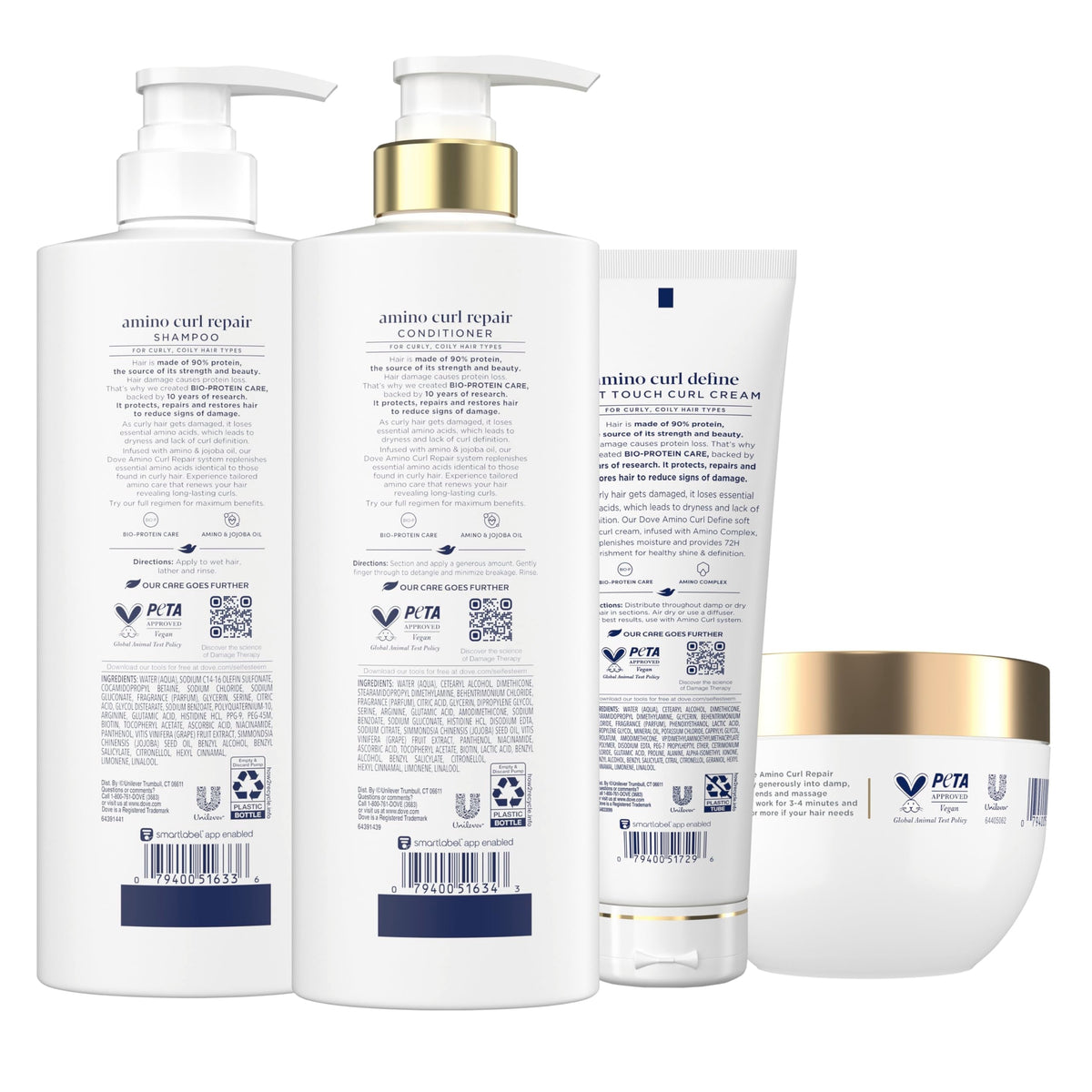 Dove Shampoo, Conditioner, & Mask Amino Curl Regimen Pack 4 Pk for Curly, Coily Hair with Bio-Protein Care Technology + Amino & Jojoba Oil