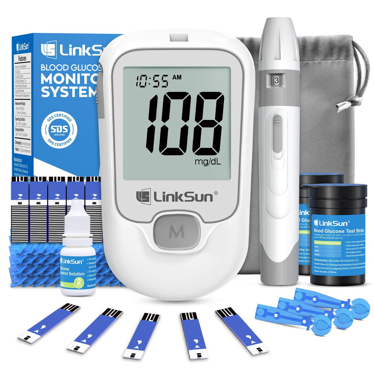 G-425-1 Blood Glucose Monitor Kit, 100 Test Strips &100 Lancets, 1 Control Solution, 1 Blood Sugar Monitor, 1 Lancing Device, Diabetes Testing Kit, No Coding, Large Display, Glucometer for Home Use