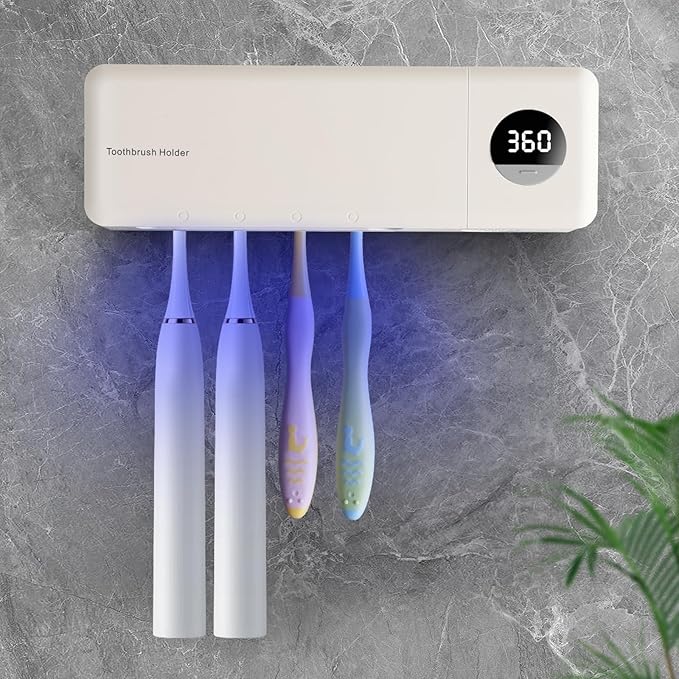 Sanitizeri Toothbrush Holder, Sanitizeri Toothbrush Cleaner, 2000mAh Rechargeable Cordless Wall Mounted Holders for Bathroom, 4 Slots & Timer Function, Ivory