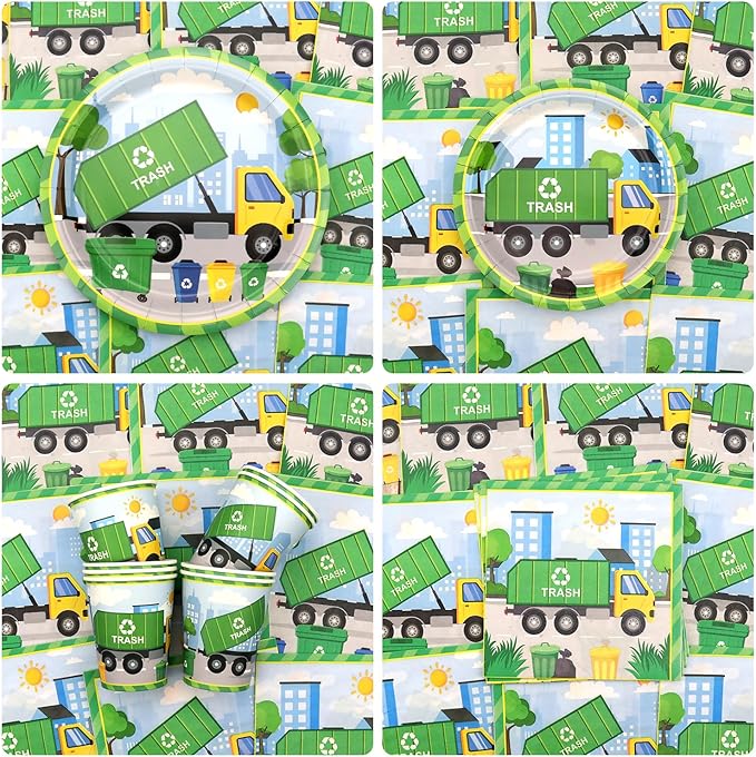 Trash Truck Birthday Party Decoration - Garbage Truck Birthday Party Tableware Supplies Includes Plates, Cups, Napkins, Tablecloth, Straws (40)