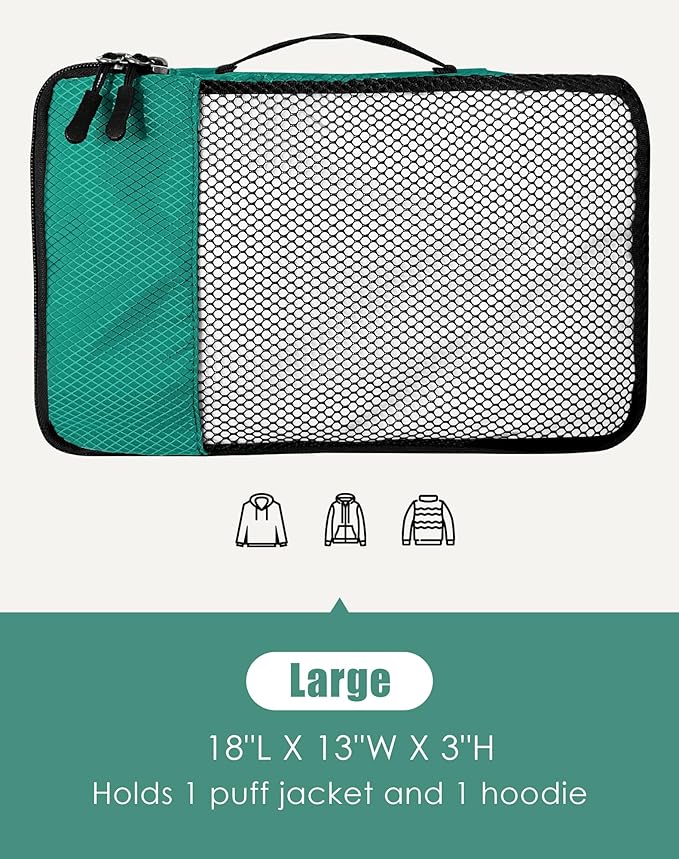 WTREE 4-Piece Packing Cubes Travel Accessories Set for Suitcases - Luggage Organizer Bags with Double Zipper - Mesh Top - Large - Green