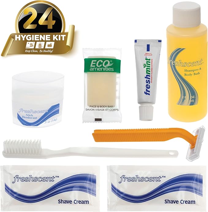Moda West 24 Kits - Bulk Case of Wholesale Adult Basic Toiletries for Men, Women, Travel, Charity, Homeless Shelters, Cotton/Polyester Blend, Shampoo, Deodorant, Toothpaste, 24 Pre-Packaged Kits