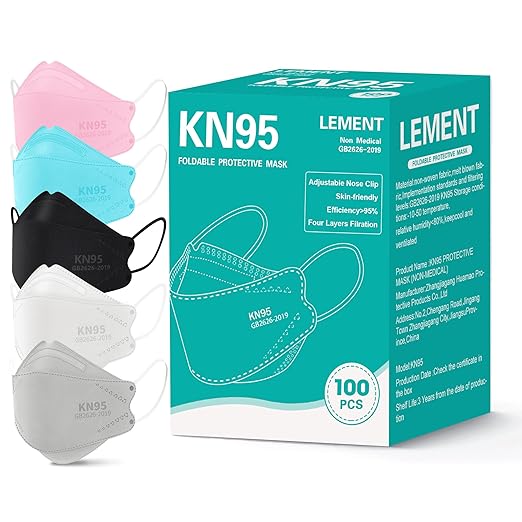 LEMENT KN95 Face Masks - 100 Pack Breathable Comfortable Disposable Masks For Adult, Filter Efficiency≥95%, Elastic Ear Loops, 5 Colors