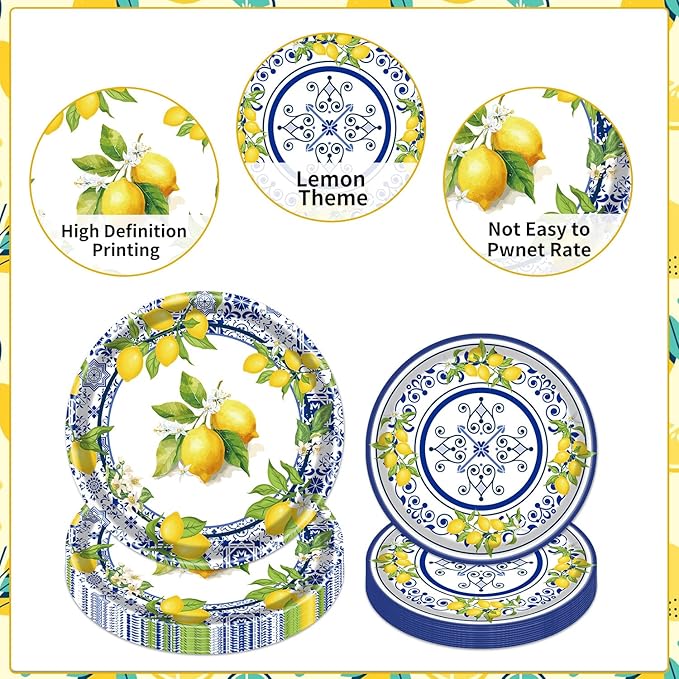 Rakuto Lemon Party Plates Supplies - 96PCS Lemon Party Decorations Supplies Tiles Yellow Lemon Party Paper Plates Napkins Fork Tableware Summer Fruit Lemon Decor Disposable Party Dinnerware(24 Guests)