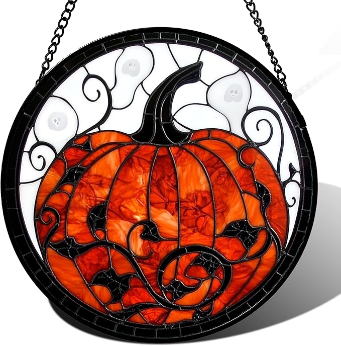 Stained Glass Window Hanging - Halloween Red White Scary Pumpkin Suncatcher for Doors Garden Home Spooky Rattan Sun Catchers Gothic Decor Horror Gifts for Women Men Friend Boy Girl 7.8 in