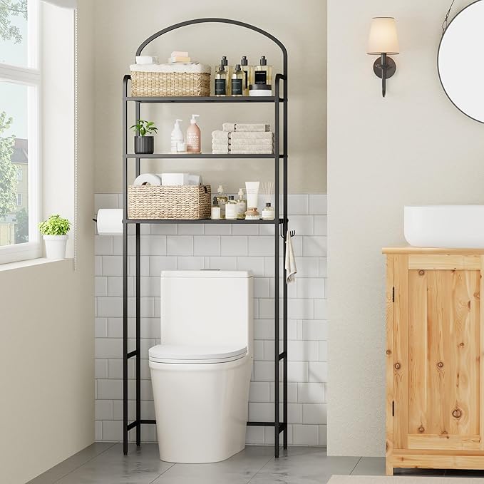 3-Tier Over The Toilet Storage, Bathroom Organizer, Space-Saving, Above Toilet Storage Rack with 4 Hooks and Paper Holder, Metal Shelf, Black