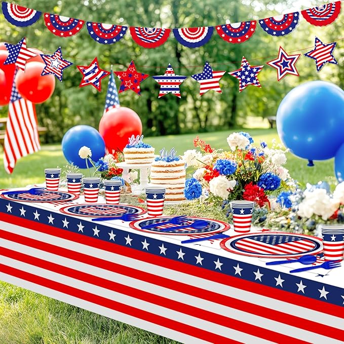170 Pcs Patriotic American Flag Plates Napkins Cups Tablecloth Banner Red White Blue 4th of July Party Supplies for Flag Day, Veterans Decorations Serve 24