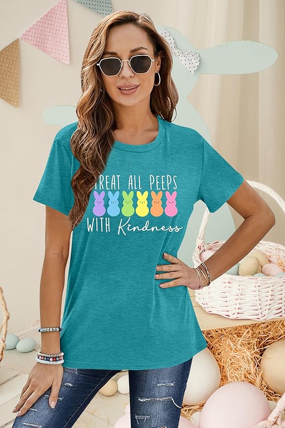 LAZYCHILD Women Easter Teacher Shirts: Funny Treat All with Kindness T-Shirt Bunny Rabbit Tee Tops