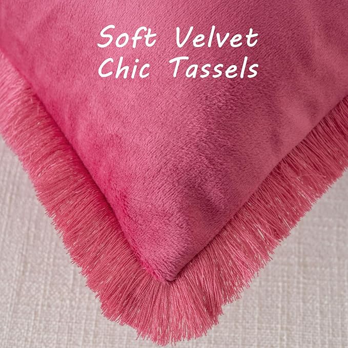 FUTEI Hot Pink Velvet Decorative Throw Pillow Covers 16x16 Set of 2,Soft Cozy Edge with Tassels Cushion Case,Boho Modern Home Decor for Couch Bed Living Room