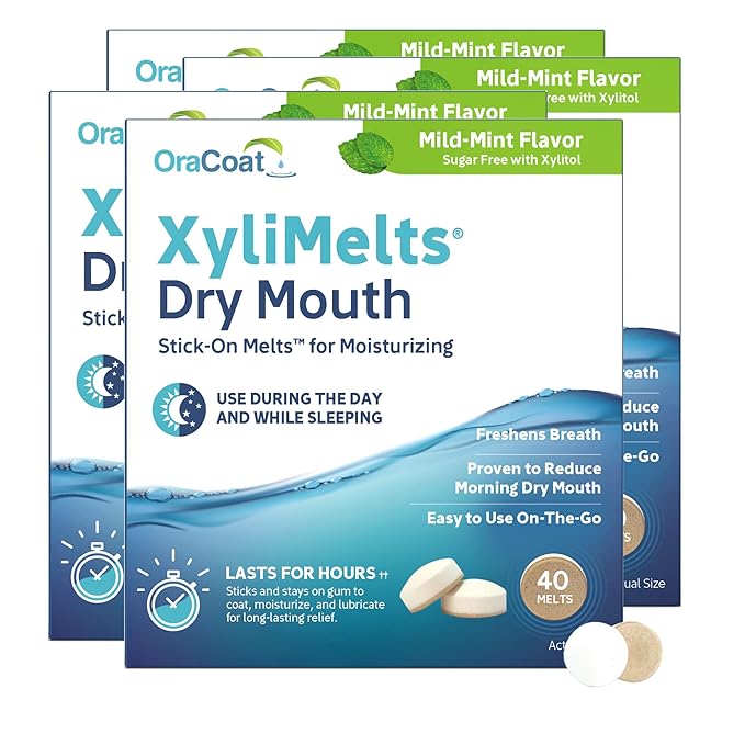 Oracoat XyliMelts for Dry Mouth Night Time or Day - Moisturizing Dry Mouth Adhering Discs, Sugar Free with Xylitol, 40 Count - Pack of 4, Mild Mint Flavor, 8-Hour Relief