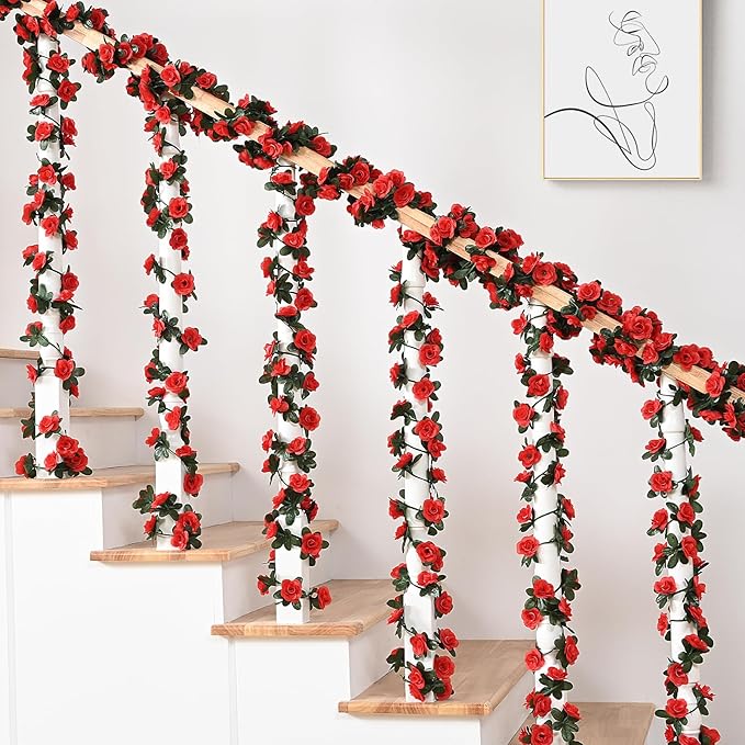 MARTINE MALL Flower Garland Rose Vines, 8 Strands 66Ft Flowers Vines for Bedroom, Rose Flower Garland Decoration, Red Rose Floral Garland for Room Table Birthday Wedding Party Garden Wall Decor