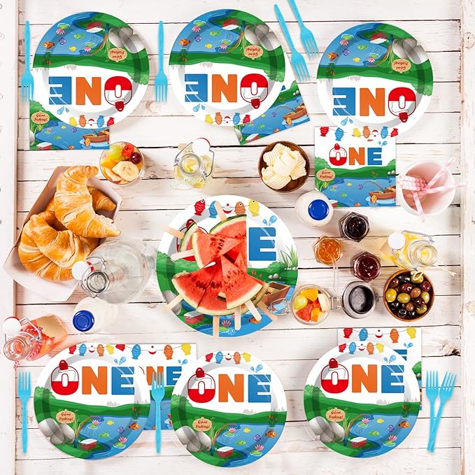 96 Pcs Ofishally One Birthday Party Paper Plate and Napkins Gone Fishing 1st Party Party Decorations Little Fisherman Tableware Set Disposable The Big One Birthday Supplies for Party Favors 24 Guests