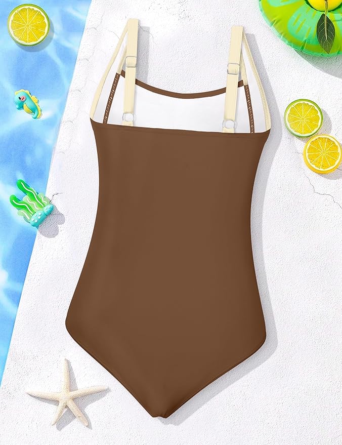 Girl Swimsuit One Piece Bathing Suit for Girls Solid Color Ruched Adjustable Straps Padded Swimwear 9-16y