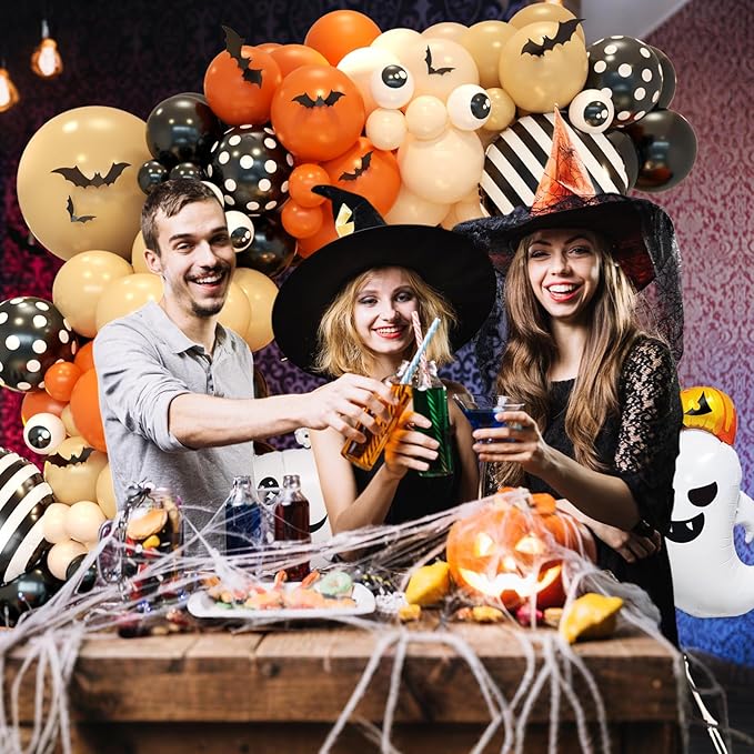 Orange Halloween Balloon Arch Garland, Orange Sand White Party Balloons with Ghost 18-In Strip Foil Balloon Eyeball Balloons Apricot Black Dot Latex Balloon Bat Sticker for Halloween Party Supplies