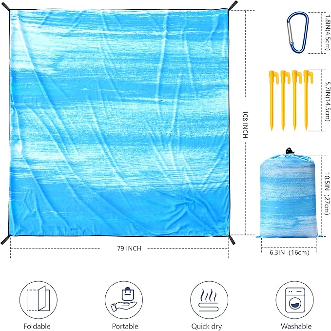 WIWIGO Beach Blanket Waterproof Sandproof Beach Mat 79" X 83"/10'x9'for 2-8 Adults Quick Drying Outdoor Picnic Mat Beach Accessories for Travel, Camping, Hiking
