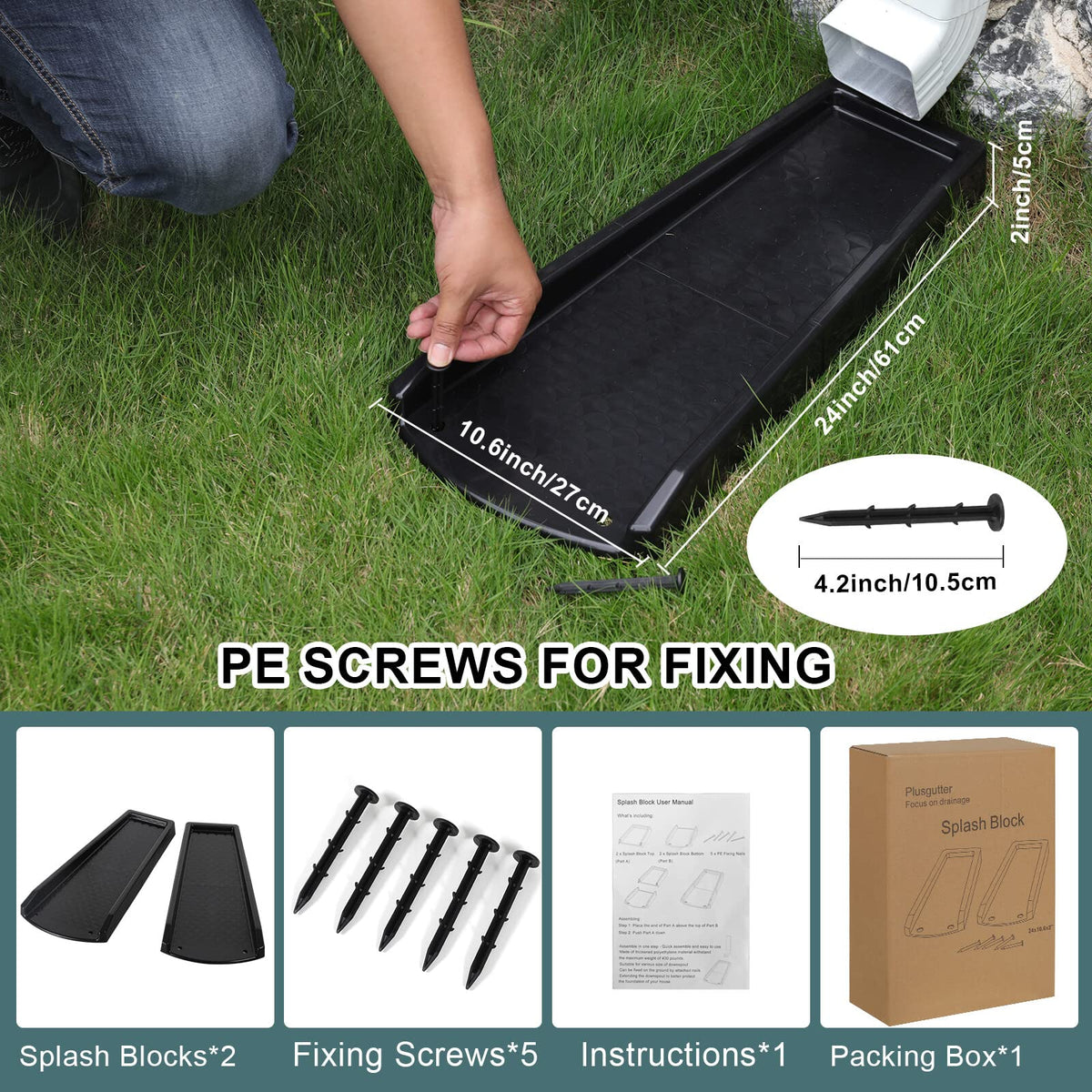 plusgutter Rain Gutter Downspout Splash Block, Gutter Downspout Extensions for Water Drainage, 24" Gutter Splash Guards Downspout Extender, Fixable Down spout Drain Trays with PE Nails(2 Pack, Black)