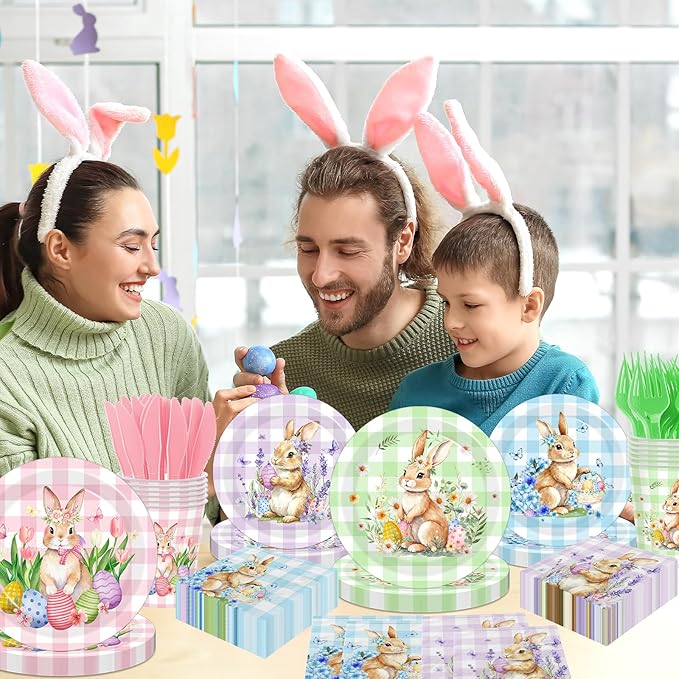 144Pcs Bunny Plates and Napkins - Colorful Gingham Spring Floral Rabbits Themed Dinnerware Set for Happy Easter Party Decorations