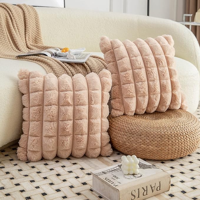 Neelvin Camel Faux Fur Cozy Soft Plaid Decorative Throw Pillow Covers 16x16 inch Set of 2,Velvet Pillowcase Cushion Case for Sofa Couch
