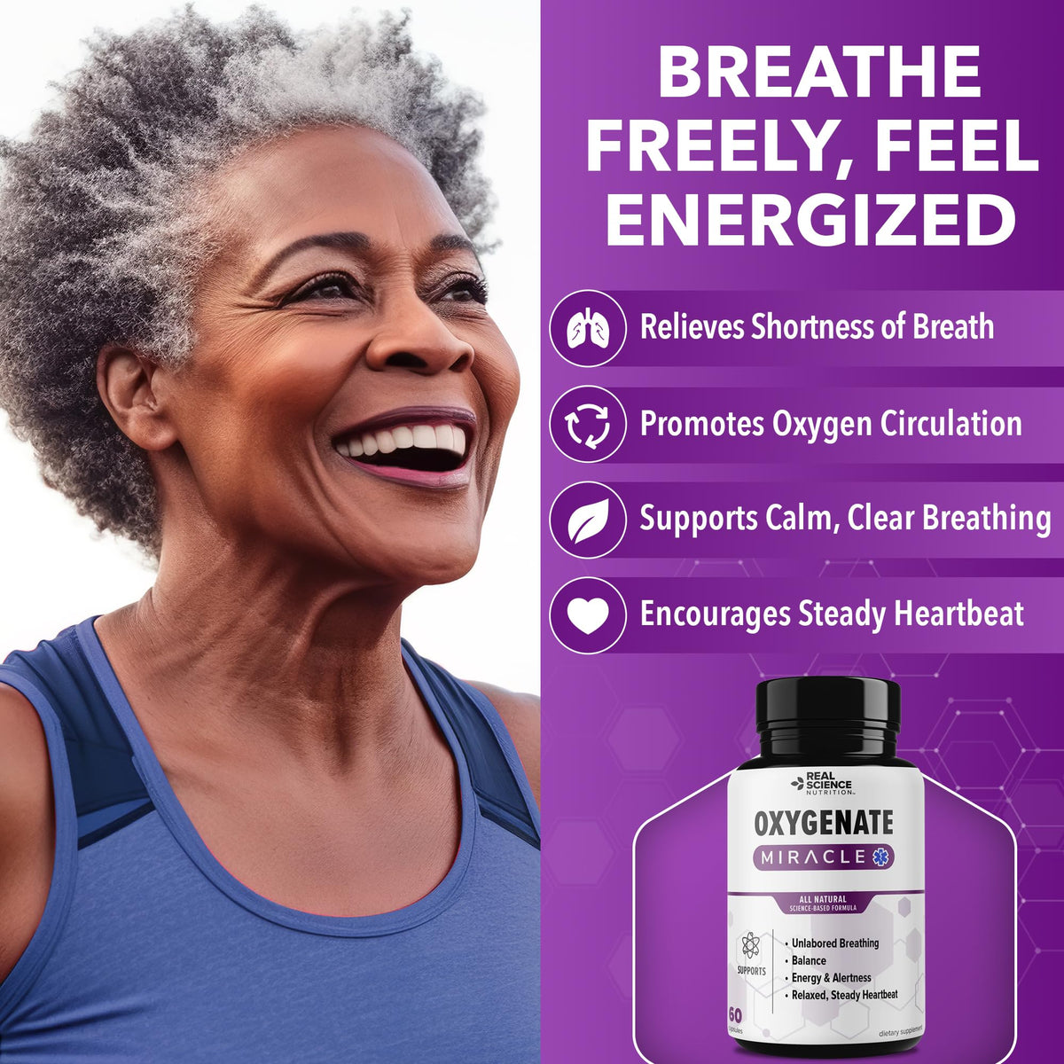 Real Science Oxygenate Miracle – Daily Lung & Circulation Support Supplement for Breathing Comfort and Energy – Supports Respiratory Function and Overall Wellness, 60 Caps